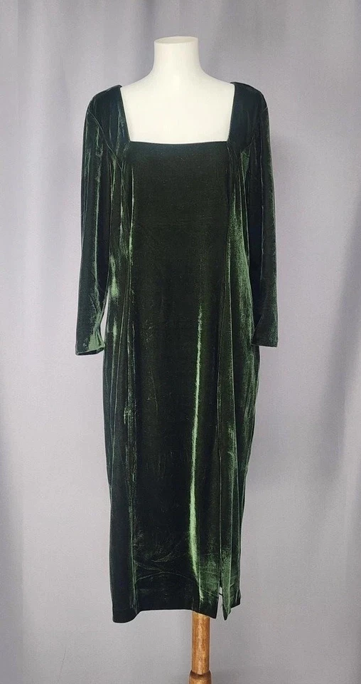 Vestido Donna Morgan Mujer 14 Verde Terciopelo Manga Larga Cuello Cuadrado Midi Cóctel Foto 1 de 4