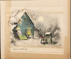 Vtg Christmas Greeting Card Season’s Greeting Woman Drawing Water From Well Moon - Picture 1 of 4
