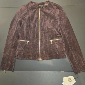 Ivanka Trump Giacca Moto Ecopelle Scamosciata Con Cerniere Oro E Orlo Increspato Marrone... - Foto 1 di 9