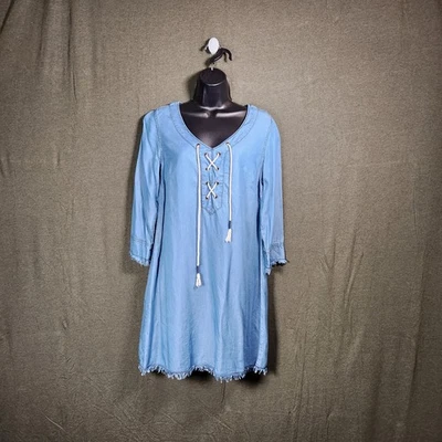 MICHAEL STARS Dress Womens Small S Blue Chambray Fringe Boho Western Festival  - Image 1 of 4