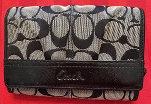 Coach Wallet, Leather w/Pleated Signature Canvas, Black/Gray, Bi-Fold - Preowned - Picture 1 of 11