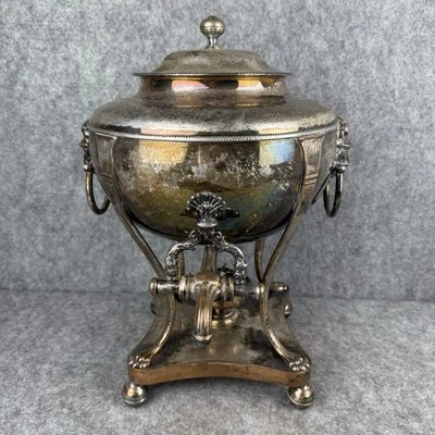 古董维多利亚银盘热水瓮萨莫瓦狮子头手柄脚 — 第 1/4 张图片