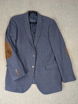 J Crew Men Navy Tweed Blazer Sport Coat Suede Elbow Patches Jacket Size 44L Wool - Image 1 of 4