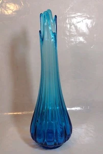 Vtg. 21.5" Peacock Blue Fat Bottom Column Ribbed Swung Vase 6 Fingers- LE Smith? - Picture 1 of 10