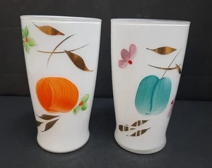 MCM Bartlett Collins 2 Frosted White Glass 10 oz Tumblers Hand-painted Fruit - Picture 1 of 9
