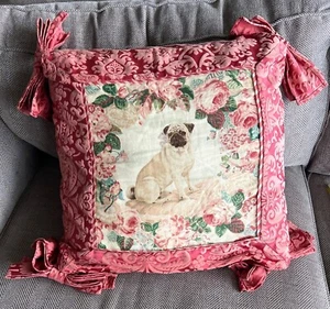 Pug Throw Pillow Floral Design Red Damask Backing 19 X 21 Bows Roses Pink Cream - Picture 1 of 5