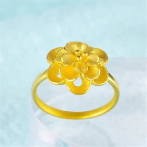 Pure 999 24K Yellow Gold Women 3D Lucky Peony Flower Ring 1.5-1.8g Us Size 7 - Picture 1 of 4