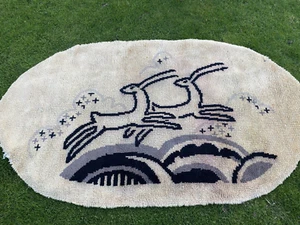 RARE SCARCE 1930`S ART DECO OVAL RUG/CARPET LEAPING GAZELLE`S CLOUDS 6.4` x 3.7` - Picture 1 of 17