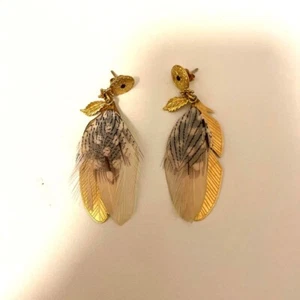 GAS BIJOUX Feather Earrings Gold Tone Baby Pink Accent Dangle French Jewelry - Picture 1 of 2