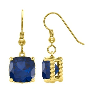 17.00Ct Cushion Lab Created Blue Sapphire Dangle Earrings 14k Yellow Gold Plated - Picture 1 of 6