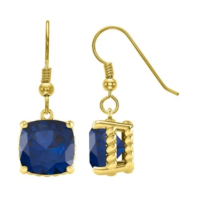 17.00Ct Cushion Lab Created Blue Sapphire Dangle Earrings 14k Yellow Gold Plated - Image 1 of 4