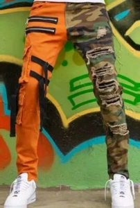 2-1 Colorblock orange & tarnfarbene schmale Distressed Cargo Jeans 30x30 - Bild 1 von 21
