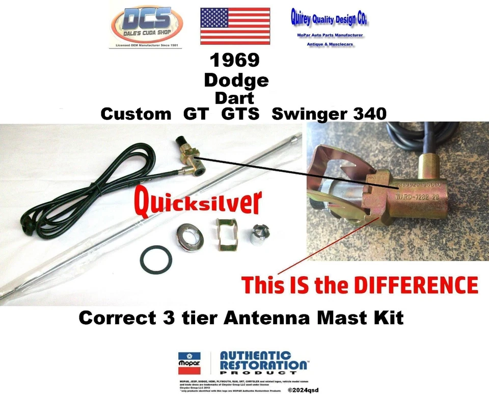Dodge Dart GT GTS 1969 Swinger Correct kit de antena de mástil de 3 niveles 2983871 nuevo MoPar Foto 1 de 2