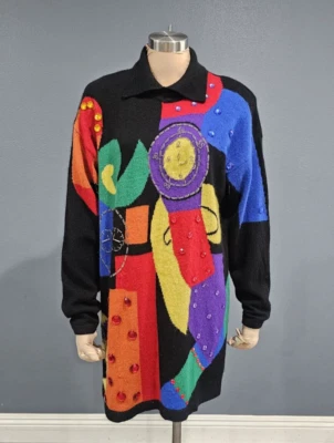 Vtg 90s CARDUCCI Lambswool Angora Clocks Oversized Sweater or Sweater Dress S - Image 1 of 4