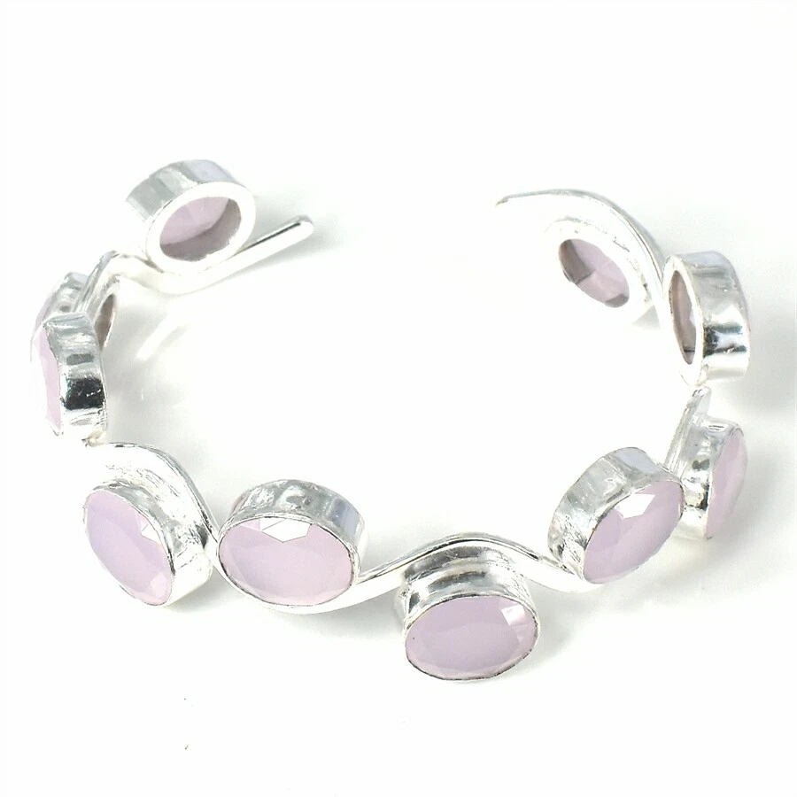 Brazalete de joyería de plata de ley 925 hecho a mano con piedras preciosas de cuarzo rosa tamaño 7-8" Foto 1 de 1