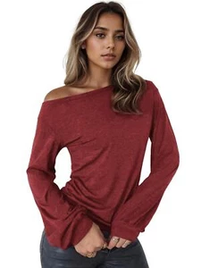 Womens Oblique Shoulder Long Lantern Sleeve Tops Loose Casual Shirts Blouses - Picture 1 of 13