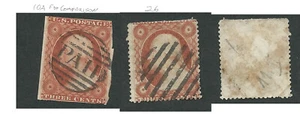 V. RARE COLOR, Scott 26, 3c wash,Type III, DEEP ORANGE BROWN, Oval Grill cancel - Picture 1 of 1