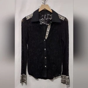 BKE Lace Floral Embellished Button Shirt Womens S Black Silver Boho Retro 90s - Picture 1 of 7