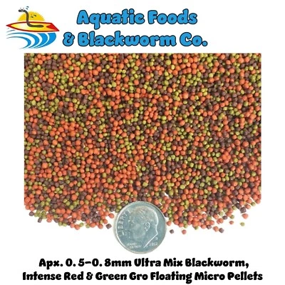 AQUATIC FOODS .5-.8mm Micro Ultra Mix of Blackworm, Intense Red & Green Gro Floating Pellets