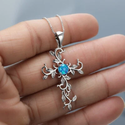 Xmas Gift Round Blue Fire Opal Gemstone Flower Cross Silver Necklace Pendants - Image 1 of 4