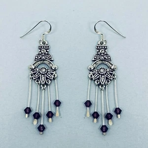 Genuine 925 Sterling Silver Boho Bali Bohemian Style Drop Earrings With Crystals - Picture 1 of 3