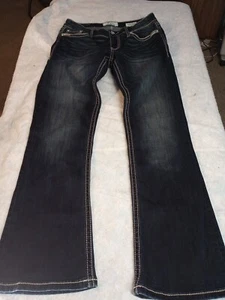 Daytrip Virgo Bootcut Jeans Womens 27R (30x30) Blue Distressed Rhinestone Logo - Picture 1 of 8