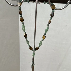 "Collar ojo de tigre de jade tallado fornituras esterlinas 24"" cuentas borla"  - Imagen 1 de 7