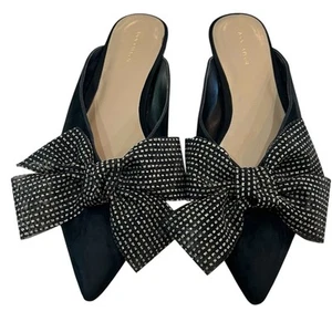 Ann Taylor Black Leather Flat Loafer Bow 8.5 8 1/2 Shoes Classic Point Toe - Picture 1 of 13