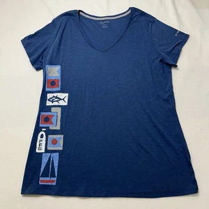 T-shirt Columbia PFG donna XL blu scollo a V manica corta grafica nautica - Foto 1 di 13