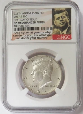 2017 S JFK HALF DOLLAR ANNIVERSARY COIN NGC SP 70 ENHANCED FINISH FDOI - Image 1 of 2