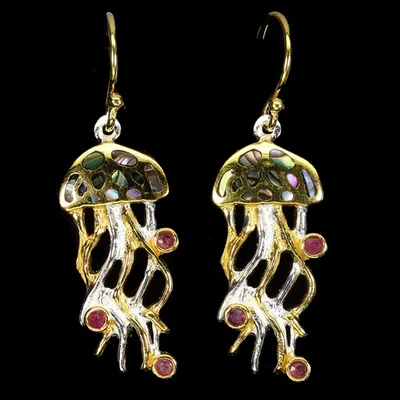 Pendientes de plata de ley 925 redondos rubí mopa medusas piedras preciosas naturales joyería Foto 1 de 4