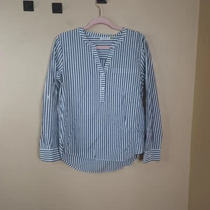 Serra Blue and White Stripe Long Sleeve Popover Blouse 100% Cotton Size M - Picture 1 of 11