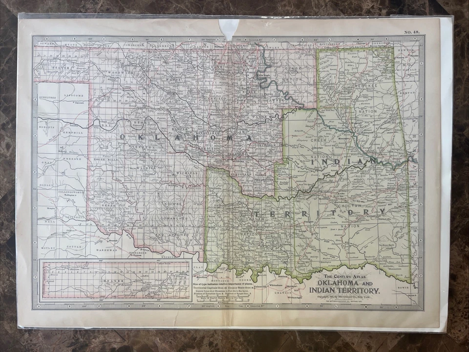 1897 The Century Atlas Colored Litho OKLAHOMA INDIAN TERRITORY Antique Map Foto 1 de 1