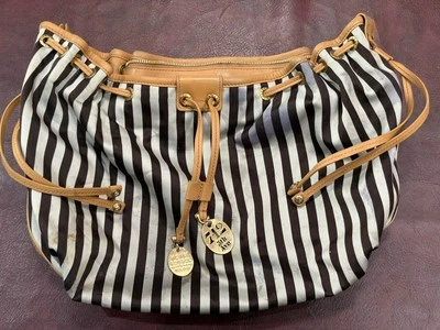 Bolso Hobo Grande HENRI BENDEL Signature Rayas Blanco Negro Púrpura Cuero Foto 1 de 4