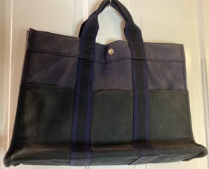 Hermes Canvas 2 Handle Navy Tote Handtasche Navy/Black Stripe Handles 6 Pocket - Bild 1 von 12
