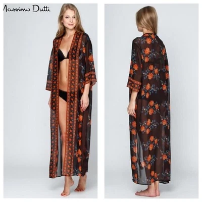 Massimo Dutti Women's Brown Floral Silk Long Kimono 3/4 Sleeves Size Medium  - Image 1 of 4