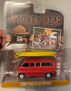Greenlight 1968 Ford Club Wagon Van with Canoe Smokey The Bear Camping Red MIP - Picture 1 of 3