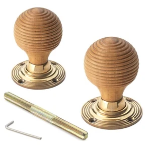 Teak & gealtertes Messing Holz Bienenstock Einsteckrand Türgriffe Knauf Paar Qualität - Bild 1 von 3