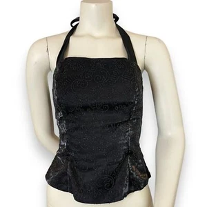 Vintage 90s Prom Halter Top Beads Tie Black Zip-Up Flaws Princess Sleeveless - Picture 1 of 12