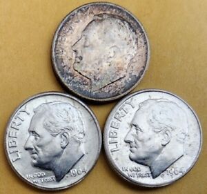 3 US Coins (1) 1952 P (2) 1964 D Roosevelt Dime 90% Silver KM 195
