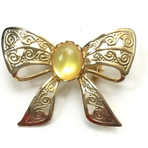 Gold Tone Small Ribbon Yellow Cabochon BROOCH, Costume Jewelry, Pin w Free Box - Picture 1 of 12