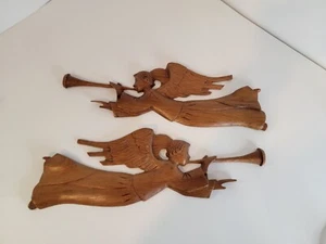Holz Engel Hörner Herolding geschnitzt Wandtafeln Deko Paar Volkskunst himmlisch - Bild 1 von 7