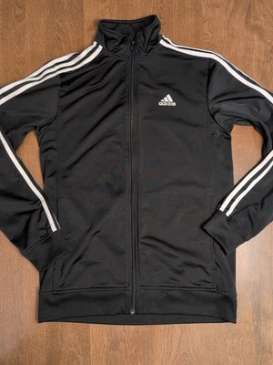 女式阿迪达斯三条纹全拉链黑色田径夹克尺寸小号汗水拉链 — 第 1/4 张图片