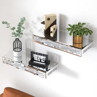 Floating Wall Shelf Mirrored Crushed Diamond Crystals Wall Rack Glass Display - Image 1 of 4