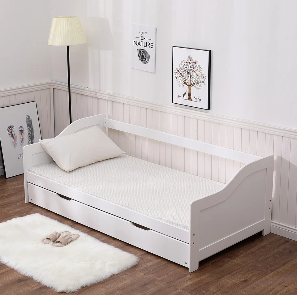 3ft Wooden Day Bed with Pull Out Trundle Guest Bed Pine Naples Single White