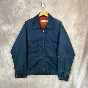 Vintage 80s Paint Stained Workwear Jacket Men Blue Red Lined Mechanic Chore Coat - Picture 1 of 6