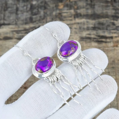 Purple Spiny Turquoise Gemstone 925 Sterling Silver Jewelry Earring Women Gift - Image 1 of 4