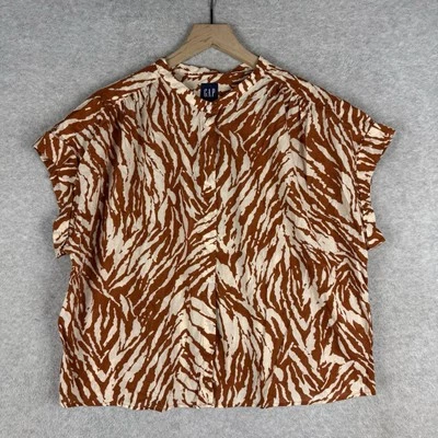 Gap Shirt Womens Large Beige Brown Animal Print Button Up Preppy Cotton NEW - Image 1 of 4