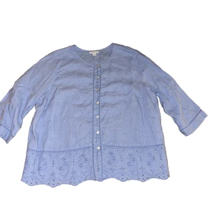 J Jill Love Linen Blue Eyelet Blouse Top Women’s L Petite Minimalist Lagenlook - Picture 1 of 4