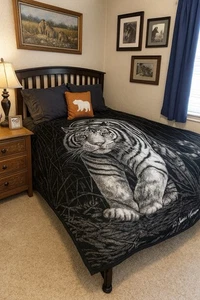 Biederlack Blanket Tiger Print Black White Plush Throw USA Reversible 76 X 57 - Picture 1 of 11